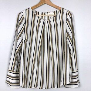 Monteau Vertical Striped Blouse Sz L Long Sleeve Pleat Key Hole Ivory Navy